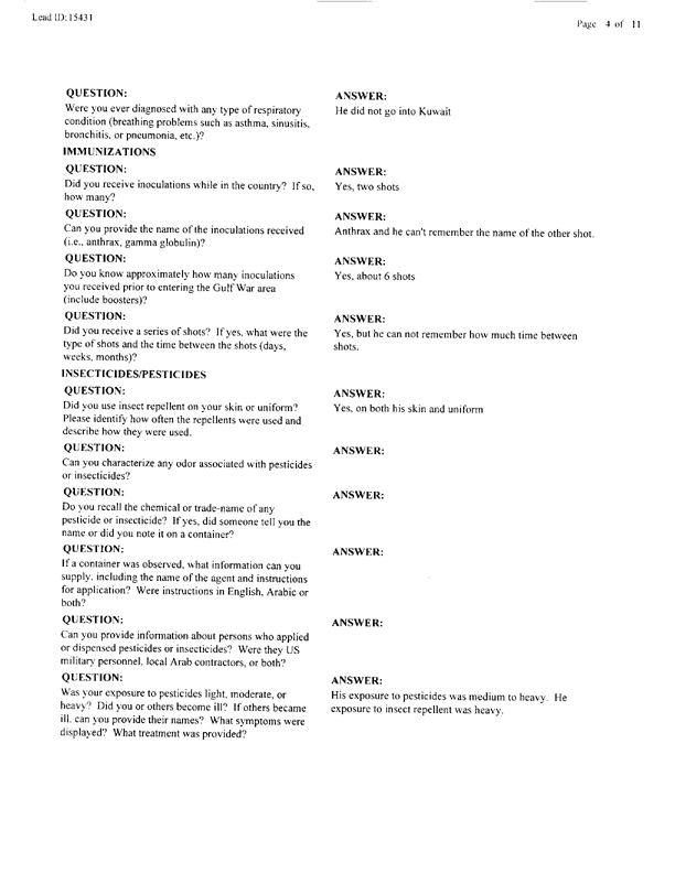 Lead Sheet #15431, Interview with 14th Medical Detachment preventive medicine specialist, March 11, 1998.