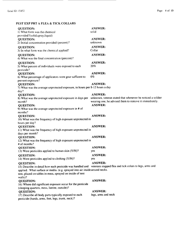   Lead Sheet #15452, Interview with 714th Medical Detachment preventive medicine specialist, March 12, 1998.
