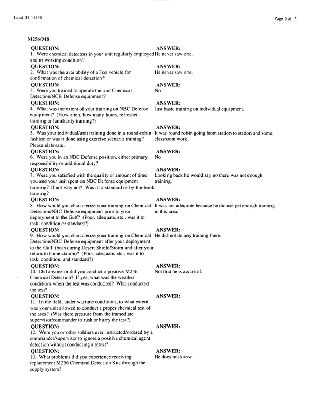   Lead Sheet #15458, Interview with undetermined unit US Army preventive medicine specialist, September 9, 1998.