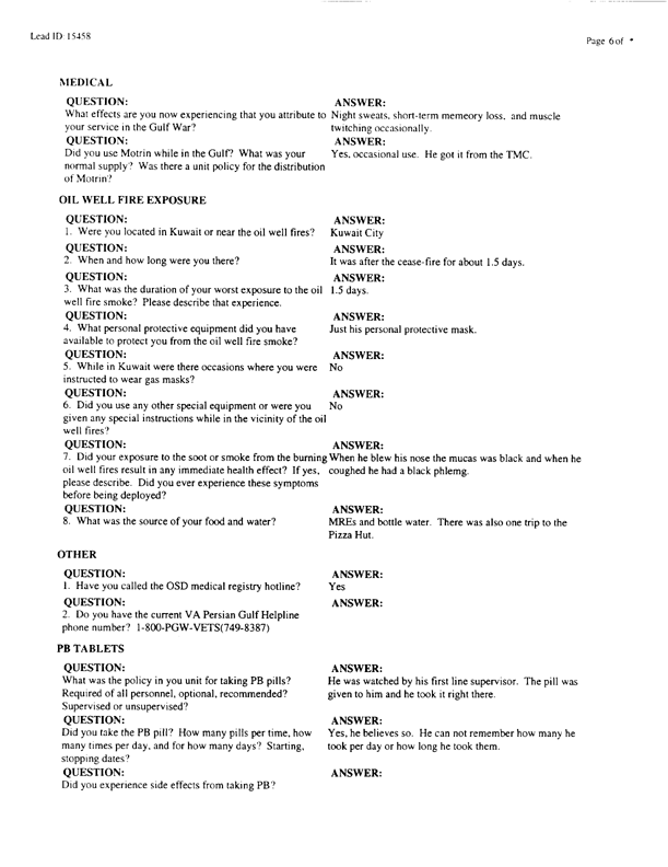   Lead Sheet #15458, Interview with undetermined unit US Army preventive medicine specialist, September 9, 1998.
