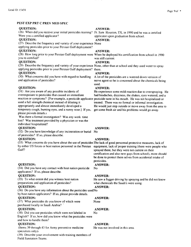   Lead Sheet #15458, Interview with Undetermined unit USA preventive medicine specialist, September 9, 1998.