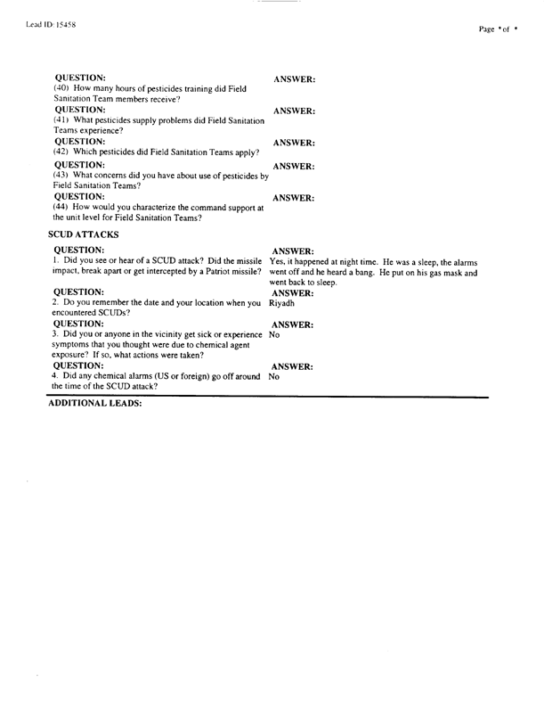   Lead Sheet #15458, Interview with Undetermined unit US Army preventive medicine specialist, September 9, 1998; .