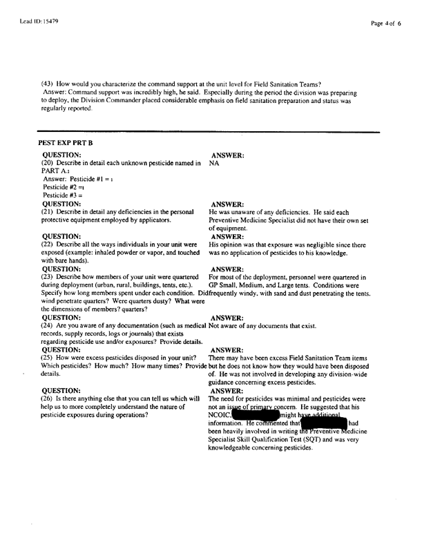   Lead Sheet #15479, Interview with 3rd Armored Division, 122nd Combat Support Battalion, Company F environmental science officer, March 17, 1998.