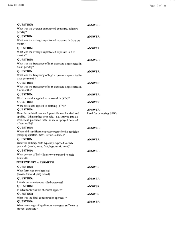   Lead Sheet #15480, Interview with 714th Medical Detachment preventive medicine specialist, March 17, 1998.