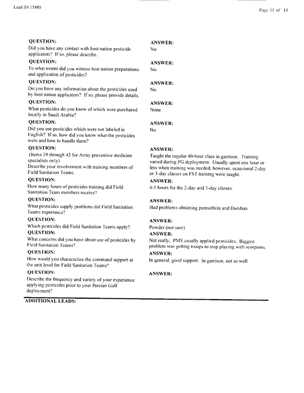   Lead Sheet #15480, Interview with 714th Medical Detachment preventive medicine specialist, March 17, 1998.