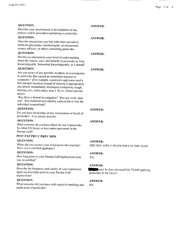   Lead Sheet #15527, Interview with 14th Medical Detachment preventive medicine specialist, March 19, 1998.