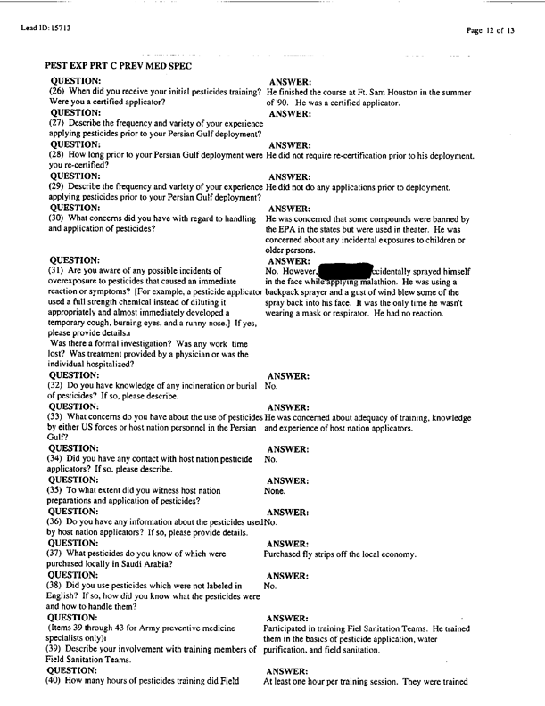 Lead Sheet #15713, Interview with 173rd Medical Group preventive medicine specialist, April 15, 1998;