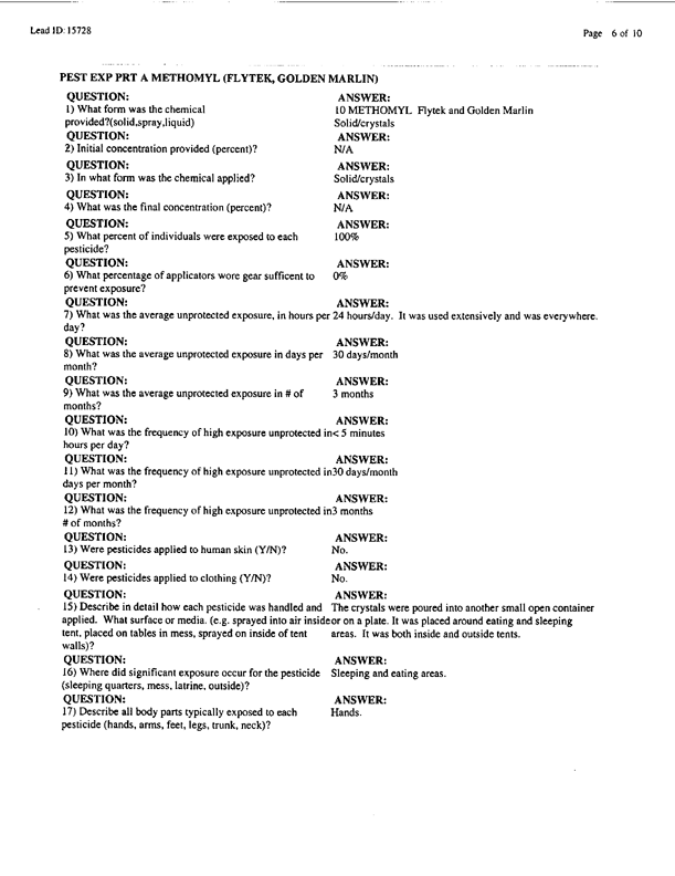   Lead Sheet #15728, Interview with 1st Medical Battalion preventive medicine specialist, April 16, 1998.