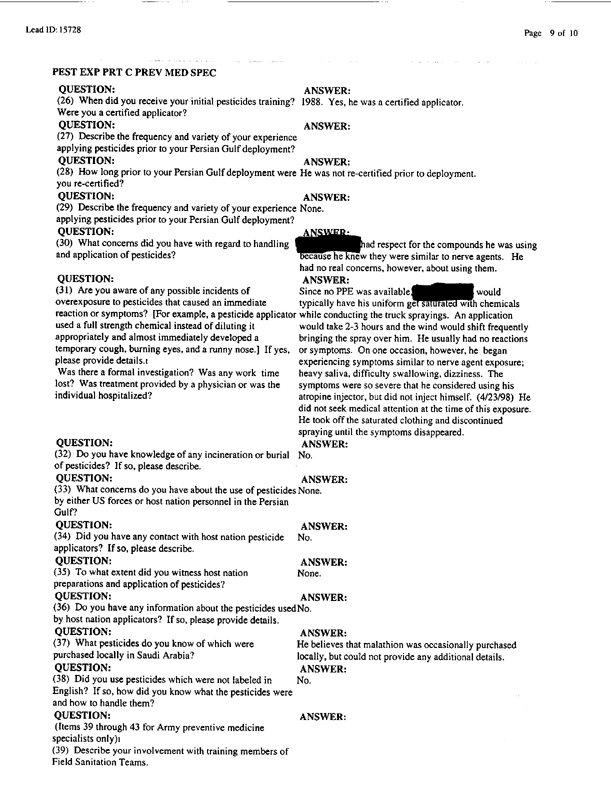   Lead Sheet #15728, Interview with 1st Medical Battalion preventive medicine specialist, April 16, 1998.