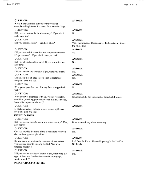  Lead Sheet #15739, Interview with 12th Medical Detachment preventive medicine specialist, August 5, 1998.