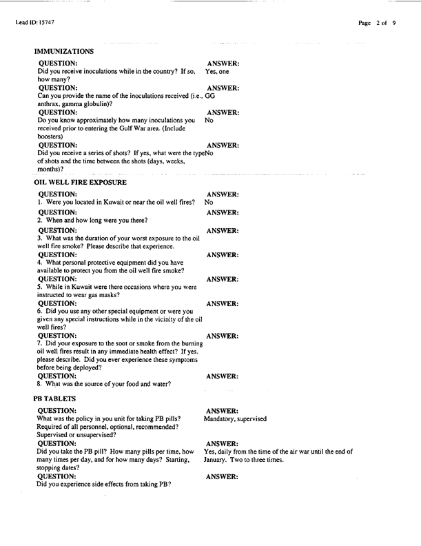 Lead Sheet #15747, Interview with 1st Marine Expeditionary Brigade preventive medicine technician, April 8, 1998;
