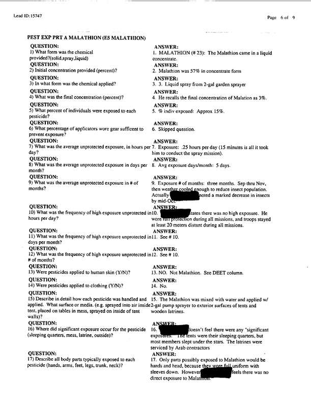   Lead Sheet #15747, Interview with 1st Marine Expeditionary Brigade preventive medicine technician, April 8, 1998.