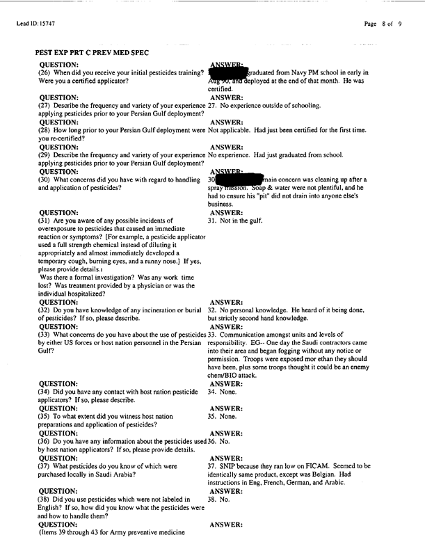   Lead Sheet #15747, Interview with 1st Marine Expeditionary Brigade preventive medicine technician, April 8, 1998.