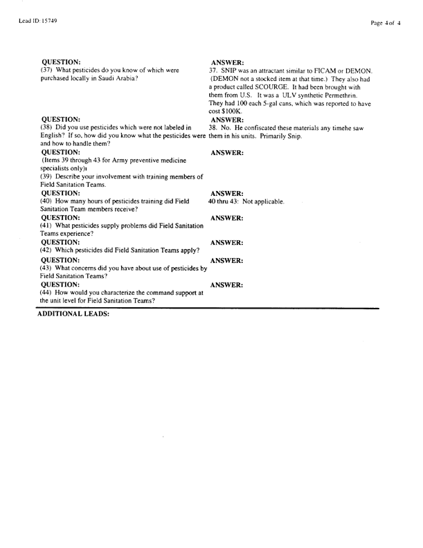   Lead Sheet #15749, Interview with 2nd Medical Battalion preventive medicine technician, April 4, 1998.