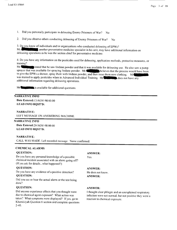   Lead Sheet #15805, Interview with 401st Military Police Camp preventive medicine specialist, April 20, 1998.