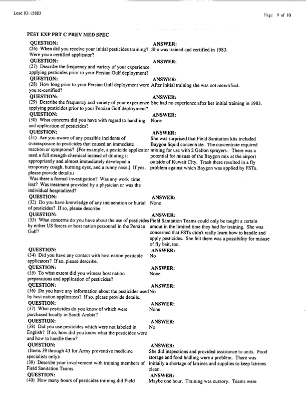 Lead Sheet #15883, Interview with 12th Medical Detachment preventive medicine specialist, April 7, 1998.