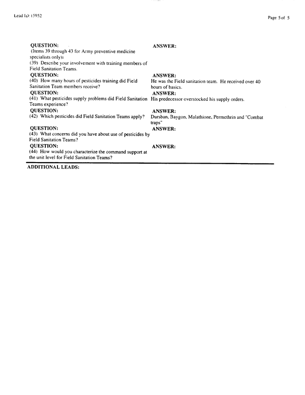   Lead Sheet #15952, Interview with Navy preventive medicine technician, February 23, 1999.