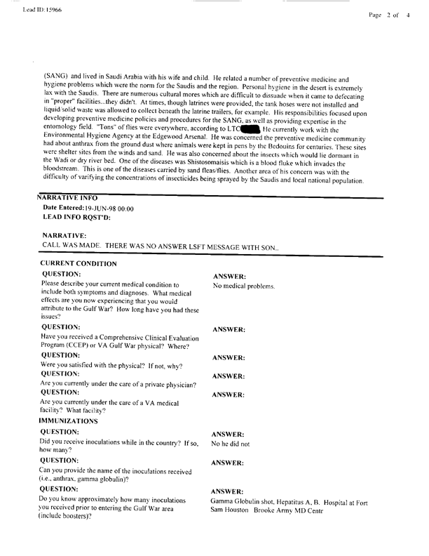   Lead Sheet #15966, Interview with US Army environmental science officer assigned as an advisor to the Saudi Arabian National Guard, June 16, 1998.