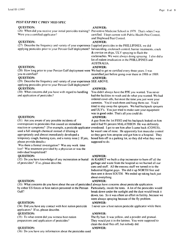   Lead Sheet #15997, Interview with 2nd Medical Battalion preventive medicine technician, April 15, 1998.
