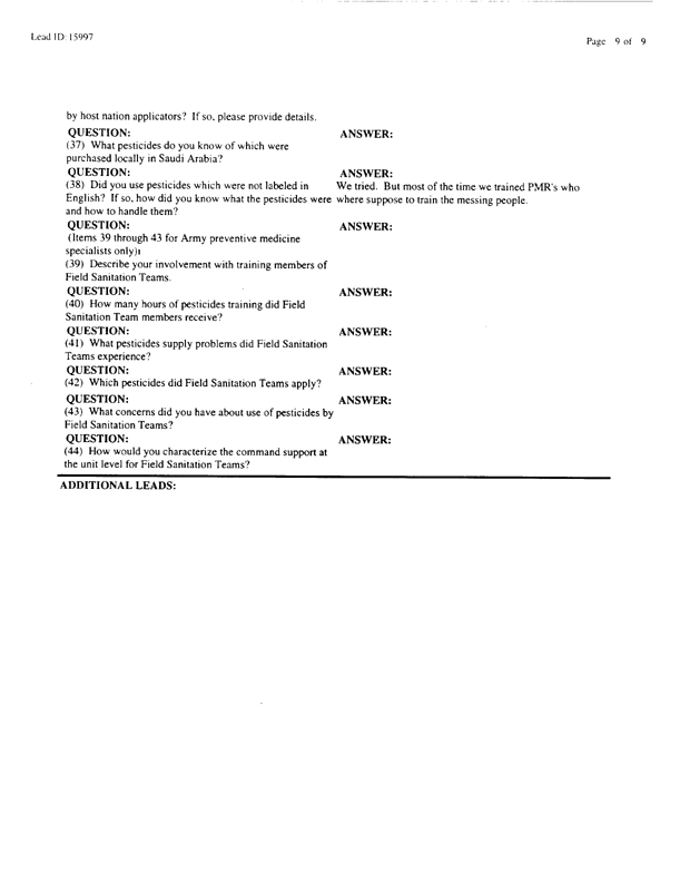   Lead Sheet #15997, Interview with 2nd Medical Battalion preventive medicine technician, April 15, 1998.