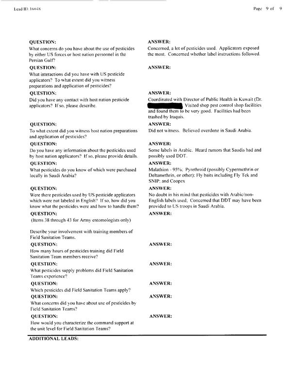 Lead Sheet #16048, Interview with 2nd Medical Battalion Navy entomologist, April 14, 1998.