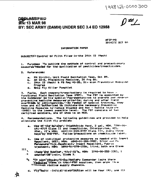   24th Infantry Division Environmental Science Officer, �Control of Filth Flies in the 24th ID Mech,� Information Paper, October 30, 1990.