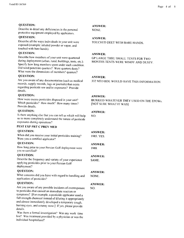   Lead Sheet #16769, Interview with 14th Medical Detachment preventive medicine specialist, June 12, 1998.