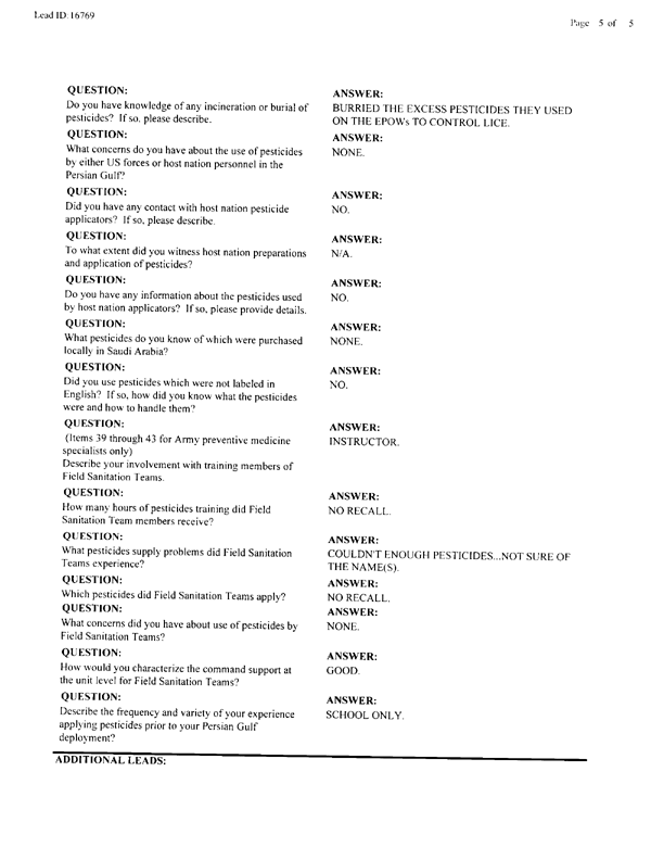   Lead Sheet #16769, Interview with 14th Medical Detachment preventive medicine specialist, June 12, 1998.