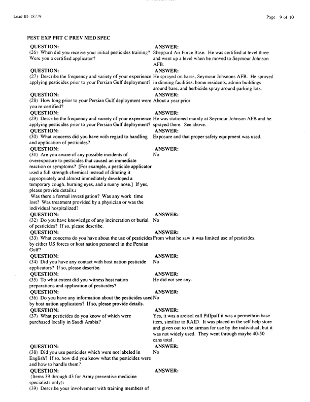 Lead Sheet #18779, Interview with 4th Civil Engineering Squadron AL Kharj APT pest controller, August 21, 1998.