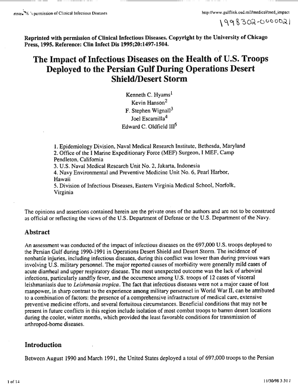 Hyams, Kenneth C., et al., �The Impact of Infectious Diseases on the Health of US Troops Deployed to the Persian Gulf During Operations Desert Shield/Desert Storm,� Clinical Infectious Diseases, 20:1497-1504, 1995, p. 1-8;