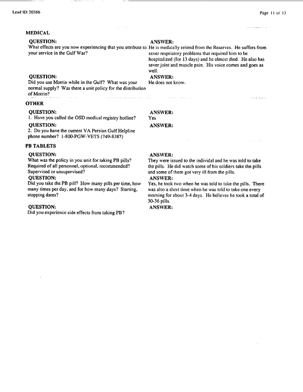 Lead Sheet #20386, Interview with 401st Military Police Camp veteran, December 18, 1998, p. 3.