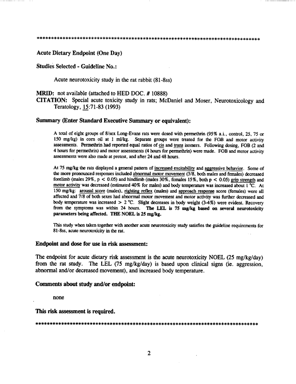 US Environmental Protection Agency, �Permethrin: Toxicology Endpoint Selection Document�, April 26, 1994, p. 2.