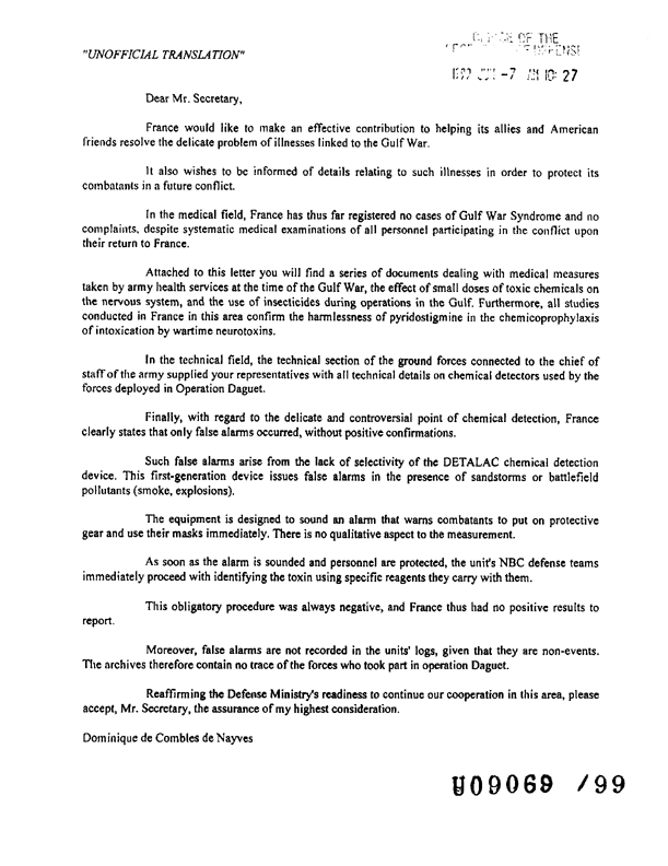 Letter from French Defense Minister to US Secretary of Defense, Subject: �Unofficial Translation� of fact sheet on uses of insecticides or insect repellents by French troops during Operation Daguet, June 7, 1999.