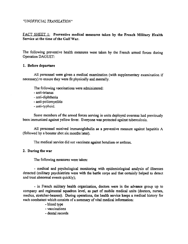 Letter from French Defense Minister to US Secretary of Defense, Subject: �Unofficial Translation� of fact sheet on uses of insecticides or insect repellents by French troops during Operation Daguet, June 7, 1999.