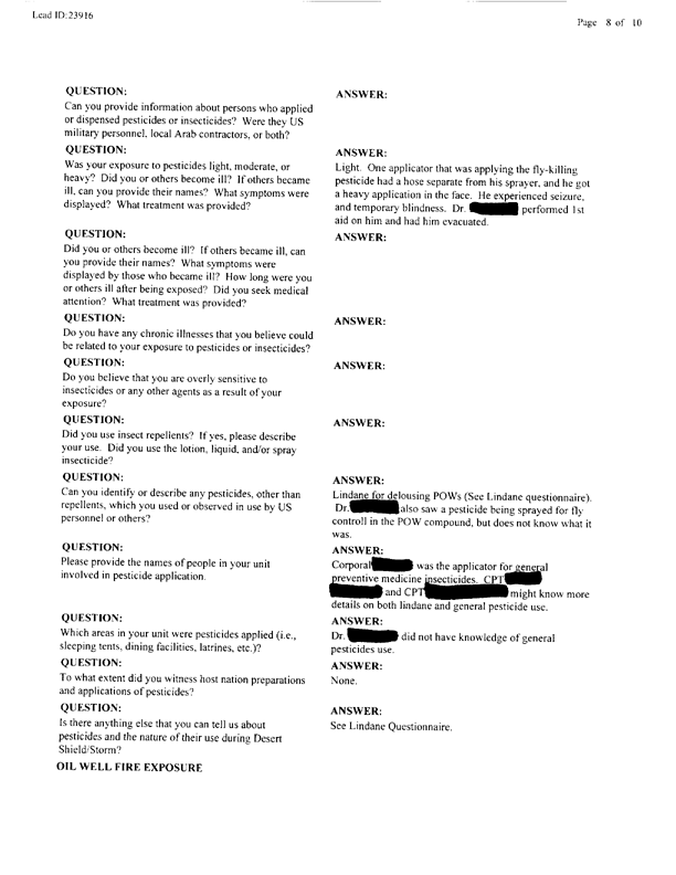   Lead Sheet #23916, Interview with 401st MP Camp medical officer, July 2, 1999.