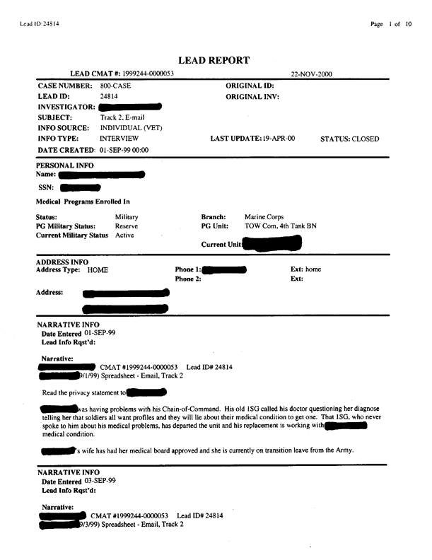  Lead Sheet #24814, Interview with 4th Tank Battalion assault specialist, September 9, 1999.