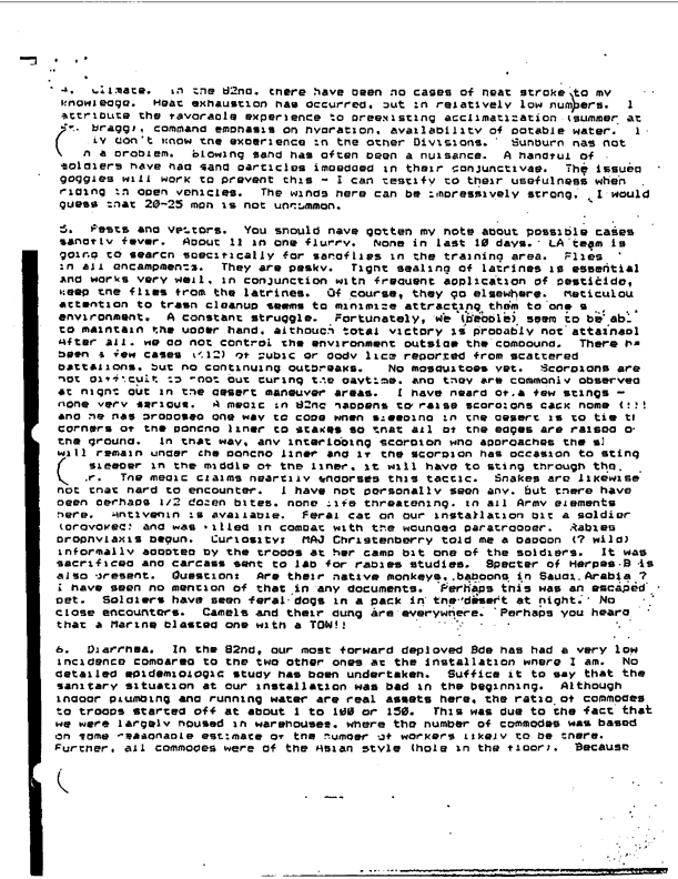 Memorandum from 82nd Airborne Division, preventive medicine physician to the Army Surgeon General, Preventive Medicine Consultant, Subject: �Operation Desert Shield,� October 5, 1990, p. 3.