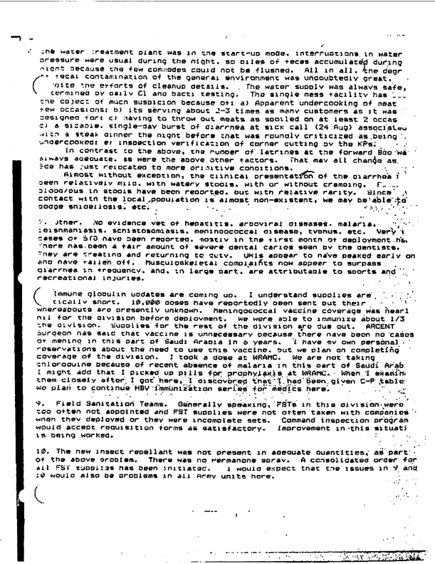 Memorandum from 82nd Airborne Division, preventive medicine physician to the Army Surgeon General, Preventive Medicine Consultant, Subject: �Operation Desert Shield,� October 5, 1990, p. 3.