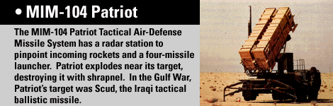 The MIM-104 Patriot Tactical Air-Defense Missile System has a radar

station to pinpoint incoming rockets and a four-missile launcher.  Patriot

explodes near its target, destroying it with shrapnel.  In the Gulf War,

Patriot's target was Scud, the Iraqi tactical ballistic missile which could

descend at speeds exceeding 3,000 feet per second.